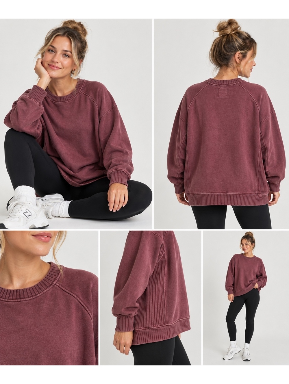 Aerie Oversized Crewneck Sweatshirt Size M Burgundy Ribbed Side Panels Pullover